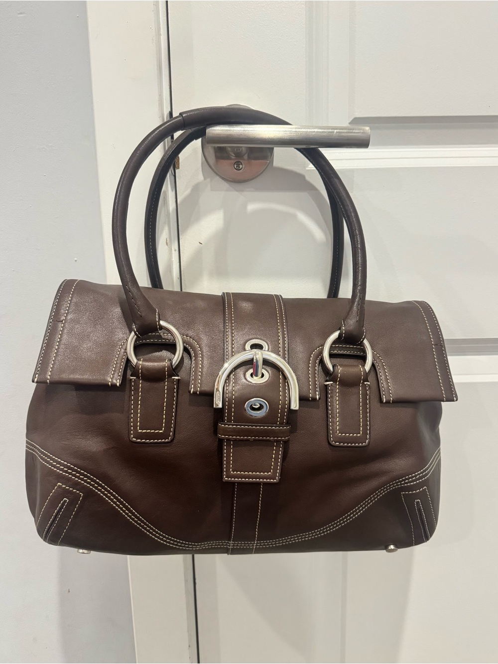 Coach Flap Satchel Chocolate Brown Leather Silver Buckle H05S-8A11